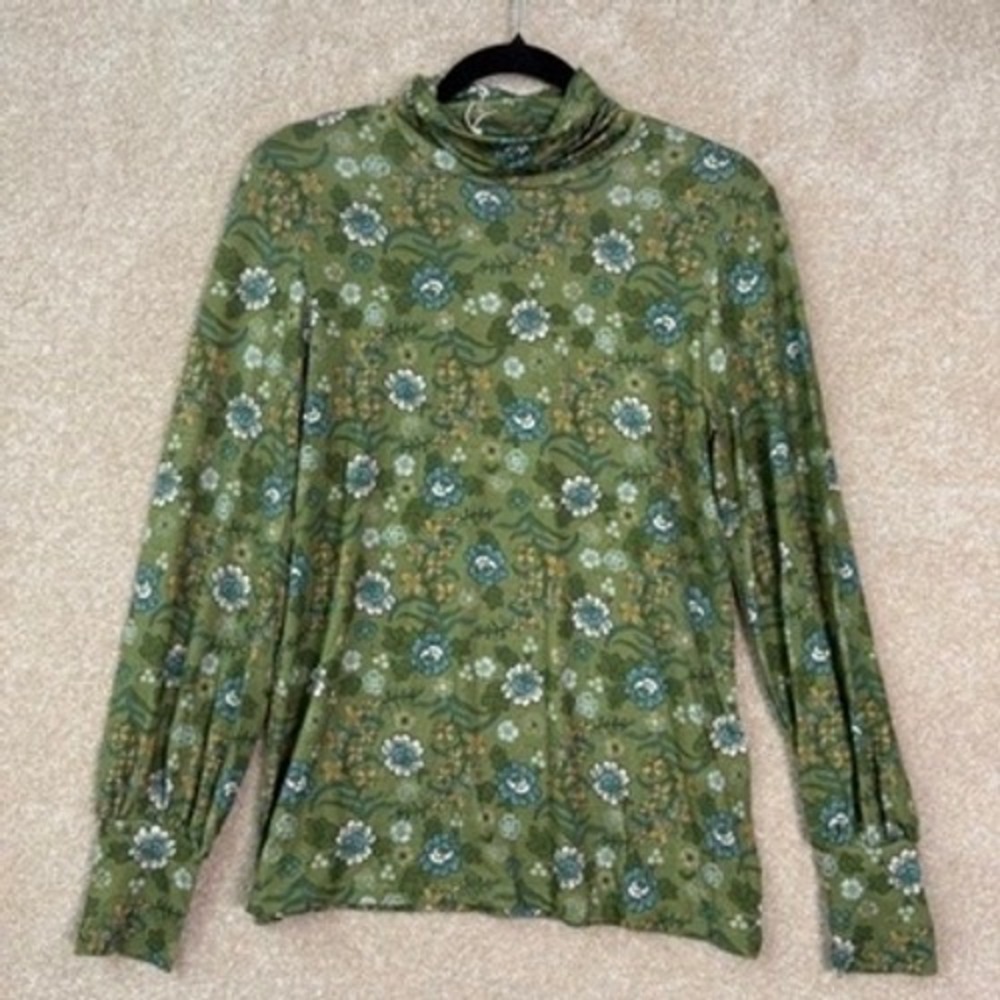 NWT GUDRUN SJODEN Top Womens Small Green Rosebay Floral Lyocell Lagenlook